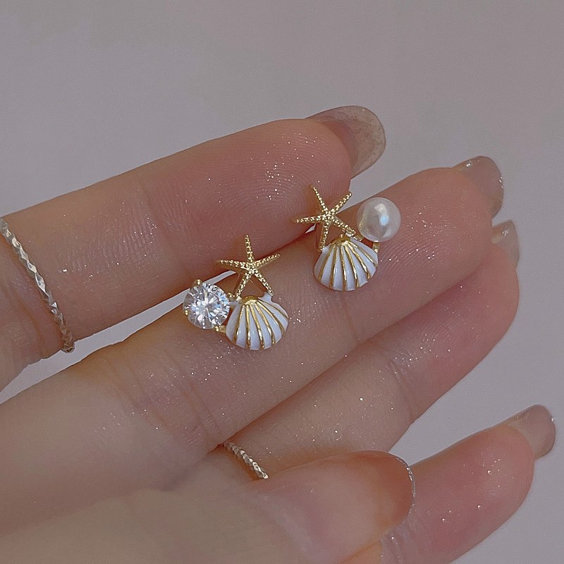 2024新款海星贝壳珍珠耳钉设计感简约个性小巧甜美耳环夏季女耳饰
