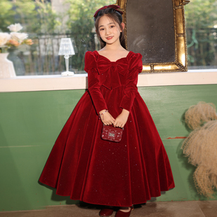 女童红色高端晚礼服秋冬季加绒钢琴演奏儿童公主裙小主持人演出服