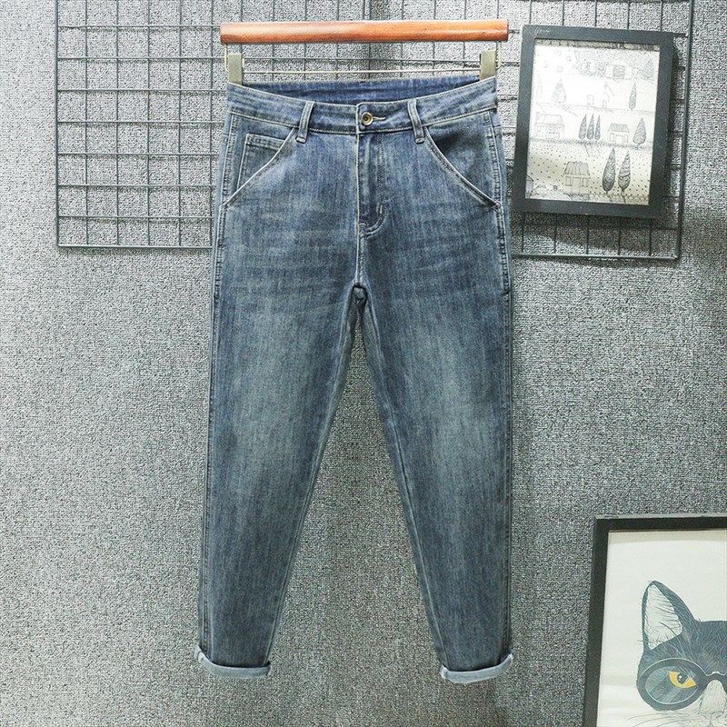 加绒加厚新款秋冬季九分牛仔裤男士宽松小直筒小脚休闲弹力裤子