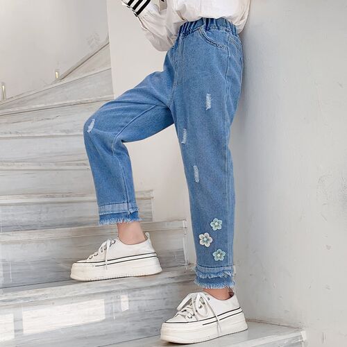 2-12网红女童裤子春秋外穿洋气新时尚薄休闲长裤中大童破洞牛仔裤