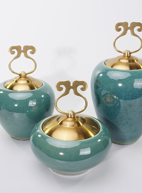 新中式陶瓷储物罐摆件祥云金属办公室书房软装样板间客厅玄关饰品