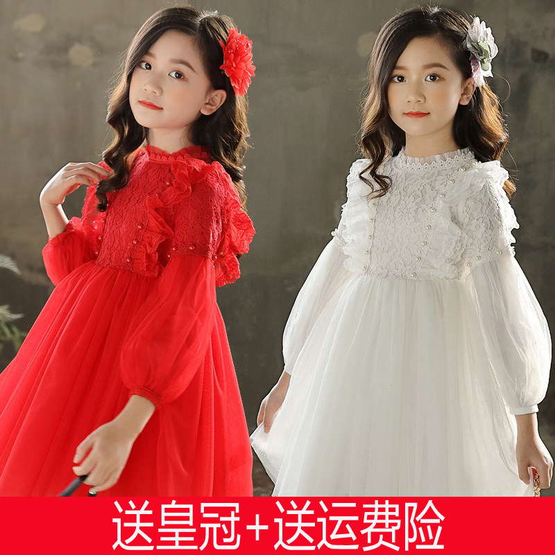 女童秋冬装2021中大童蕾丝连衣裙加绒公主裙蓬蓬沙裙礼服红色白色