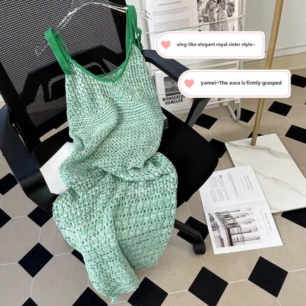 绿色针织吊带连衣裙2022初秋新海滨度假风格修身看起来长臀围女士