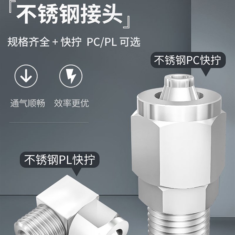 304不锈钢快拧接头插气管螺纹直通PC锁螺母PU软管四氟尼龙管气嘴
