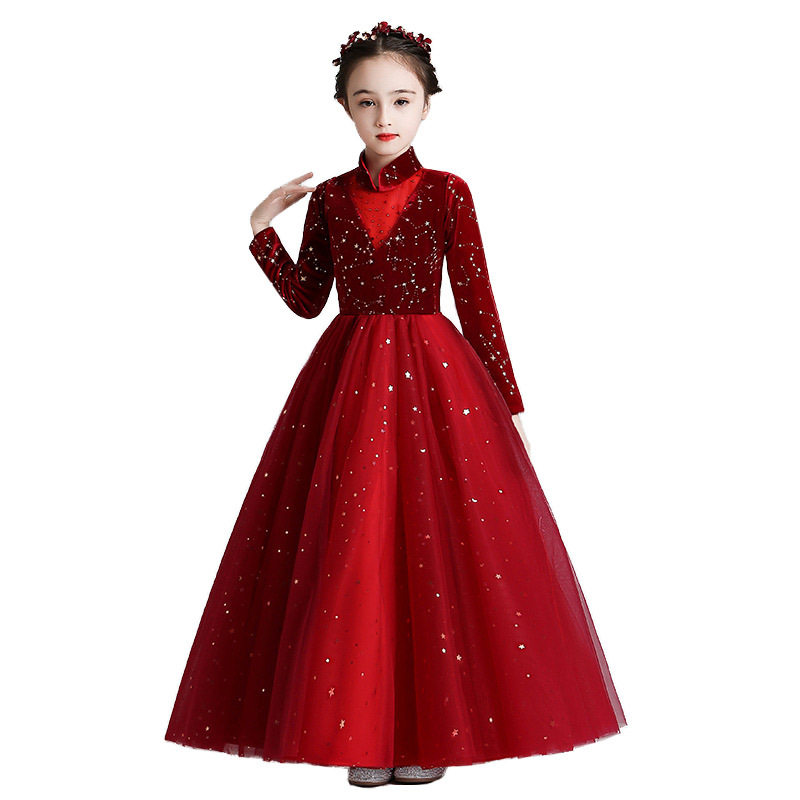 红色礼服女童长裙儿童连衣裙钢琴主持演出服女孩公主裙蓬蓬纱闪亮