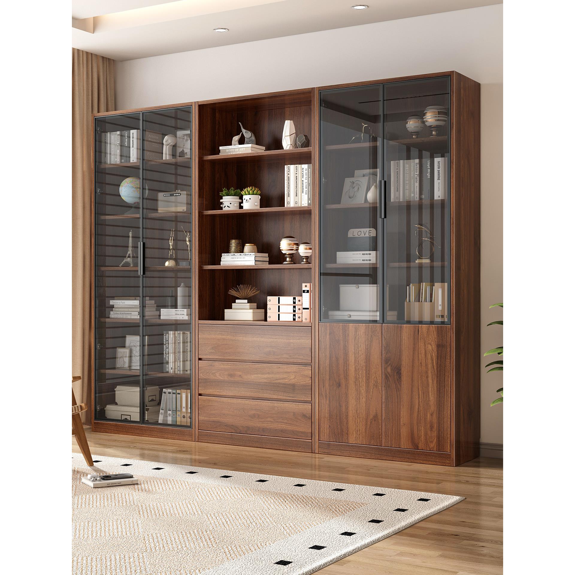 实木书柜储物柜一体家用客厅酒柜置物架玻璃门整墙落地手办展示柜