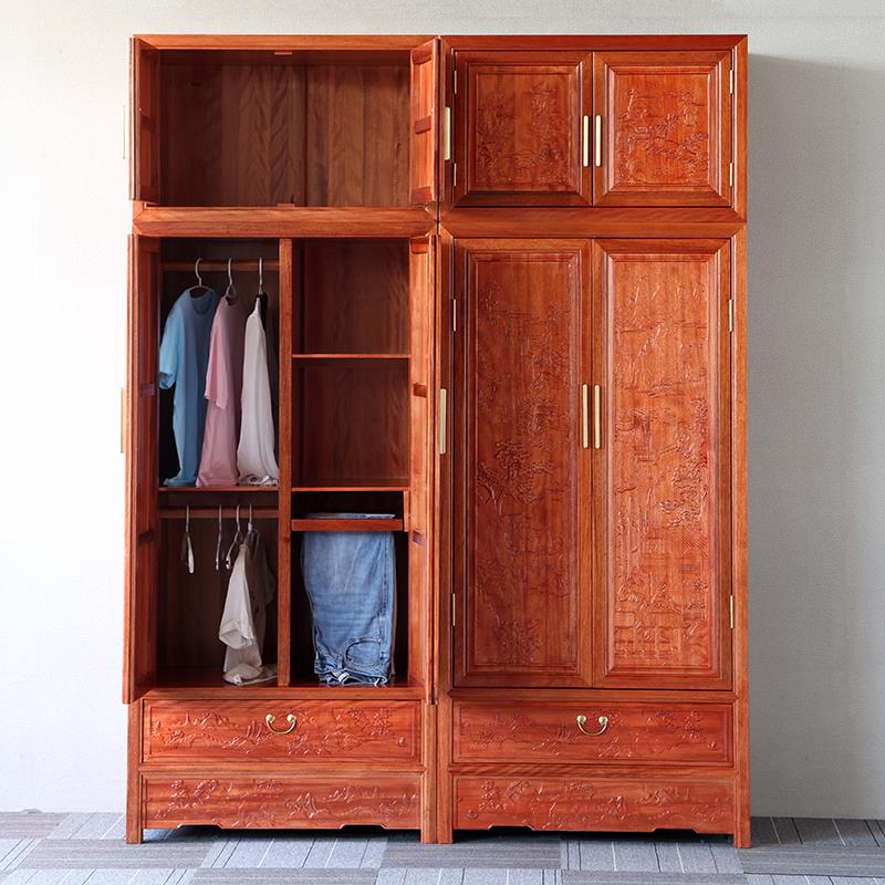 中式金花梨原木全实木雕花衣橱四门大衣柜收纳柜卧室顶箱柜组合柜