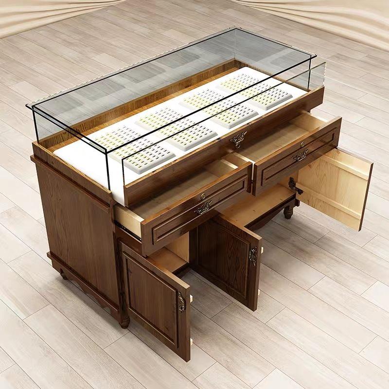 复古实木珠宝展示柜古玩玉器翡翠玻璃展示柜首饰银饰文物中岛柜台