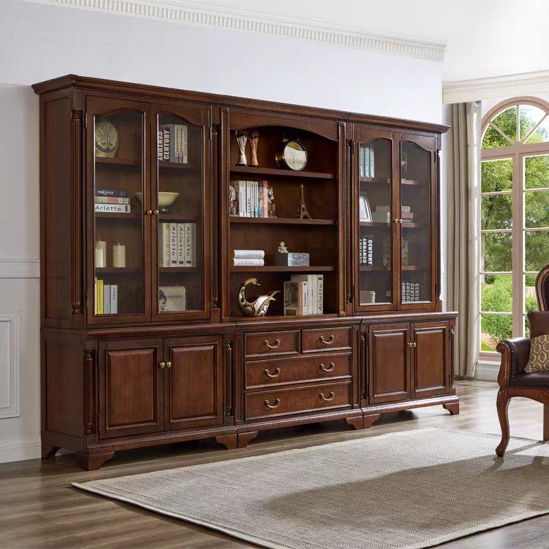 美式全实木组合书柜两门四门带玻璃门书架整墙别墅一体全套收纳柜
