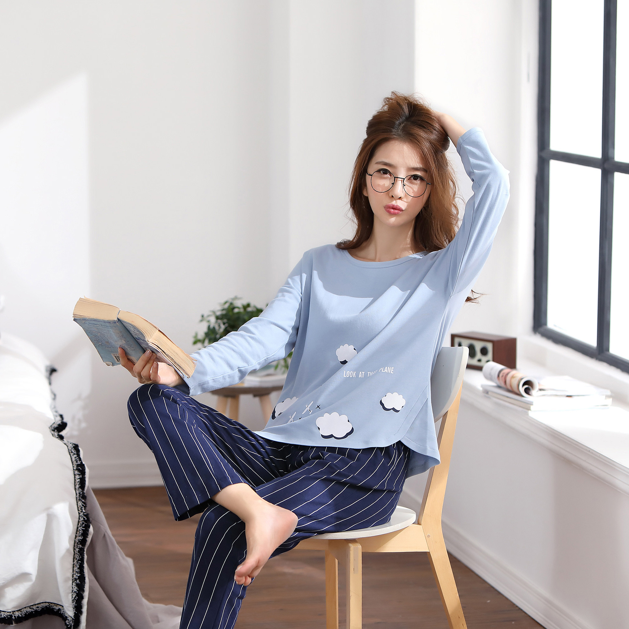 秋季家居服纯棉睡衣长袖可外穿女