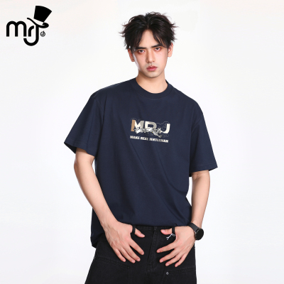 MRJ周杰伦黑色短袖t恤男款夏季2025新款美式重磅正肩宽松半袖衣服