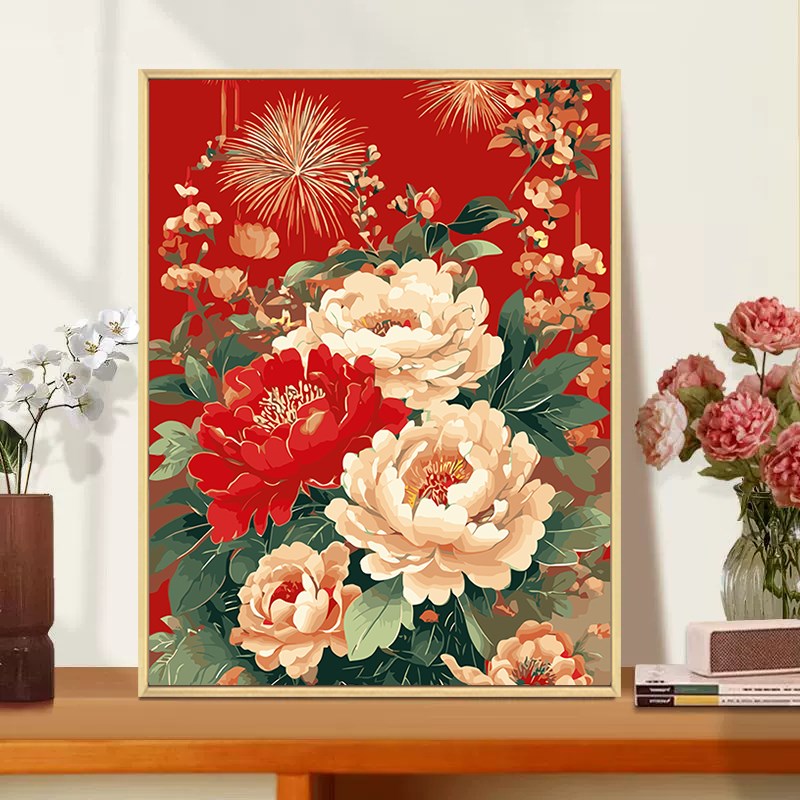 国色芳华牡丹数字油画diy填充填色手工绘新年芍药花卉丙烯装饰画图片