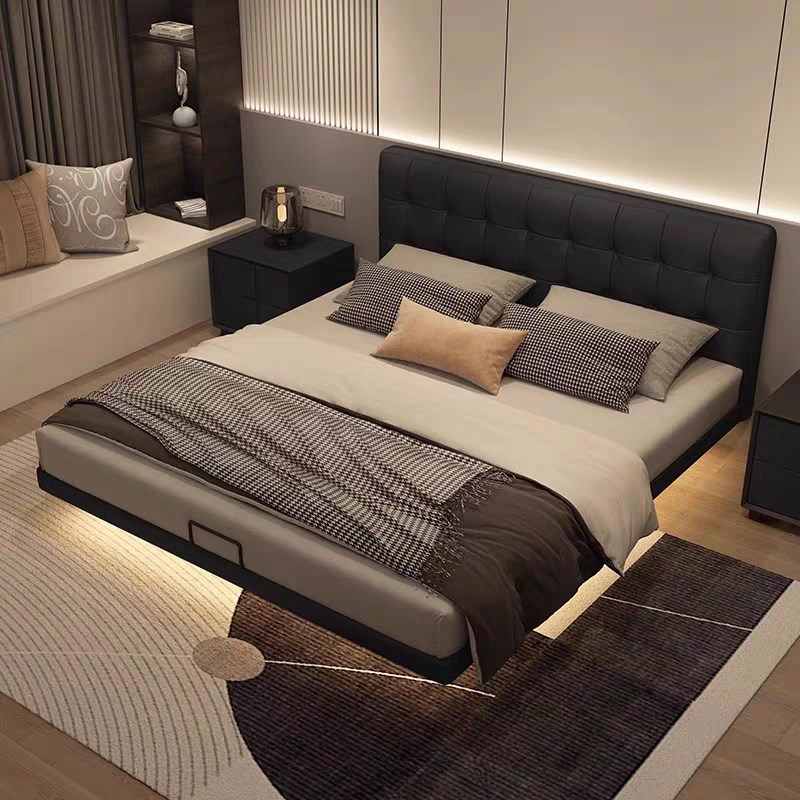 全真皮悬浮床黑色高端意式极简现代简约1米8大床主卧双人床奶油风