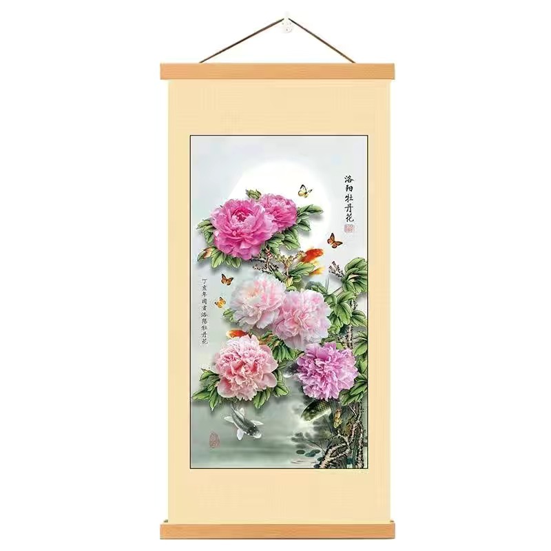 新款花开富贵牡丹花挂画客厅书房玄关装饰画布艺实木挂轴墙画壁画图片