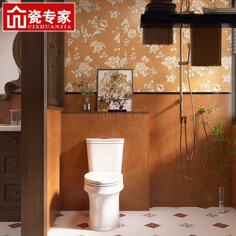 法式复古风卫生间瓷砖美拉德600x1200焦糖色墙砖中古玫瑰艺术花砖
