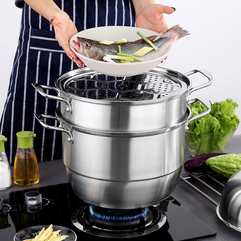 德国工艺蒸锅不锈钢三层2层加厚复底汤锅层蒸笼焖锅电磁炉燃气