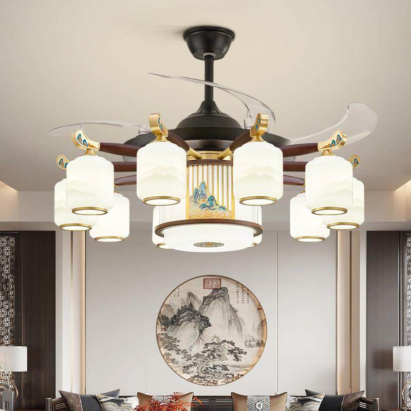 新中式吊扇灯全铜实木客厅灯中国风家用大厅饭厅风扇吊灯隐形一体