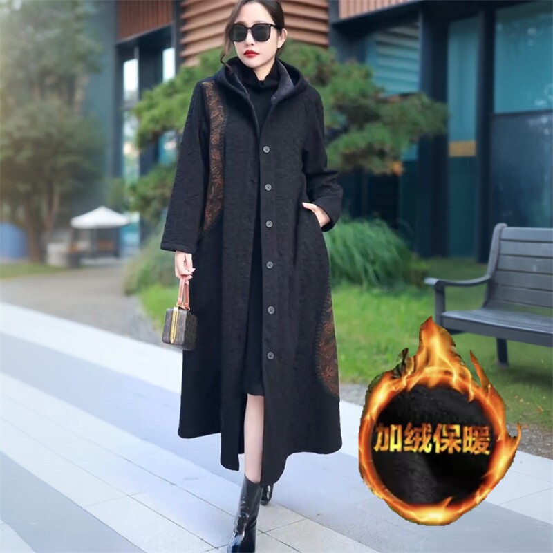 冬季加厚连帽加绒保暖气质t长款国风时尚洋气大码中年妈妈风衣外
