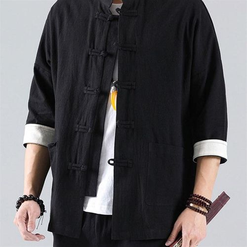 七分袖衬衫男中国风夏季薄款棉麻唐装复古宽松汉服大码短袖衬衣衫