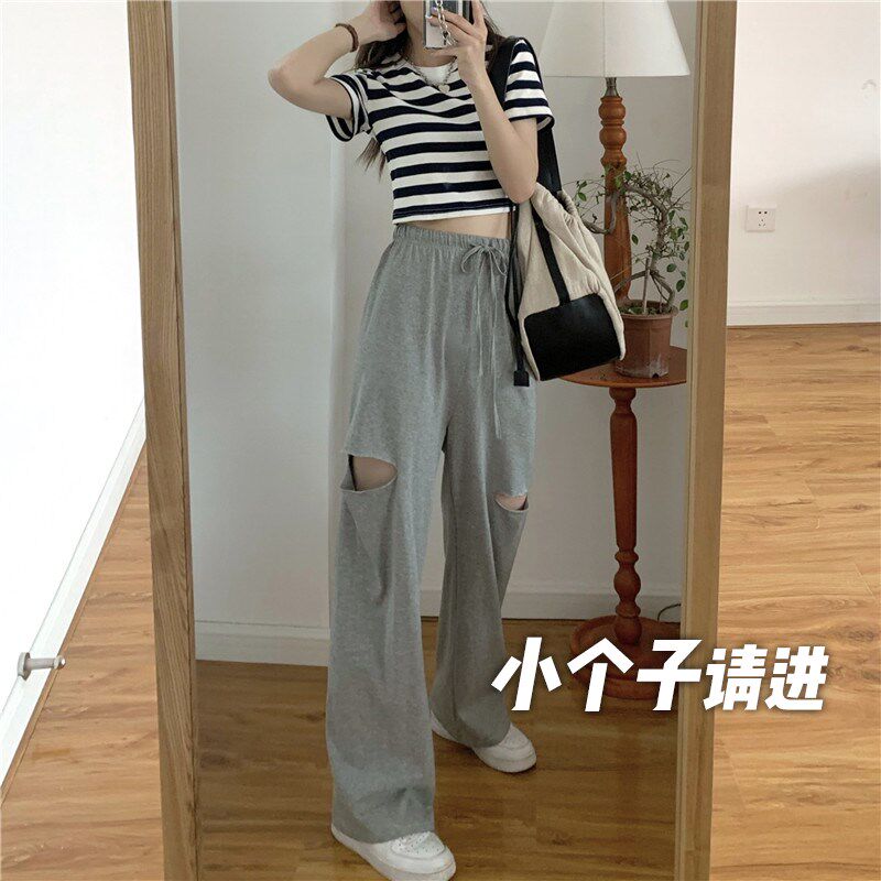 小矮个子夏季薄款破洞裤q女阔腿裤高腰垂感运动裤宽松女显高搭配x