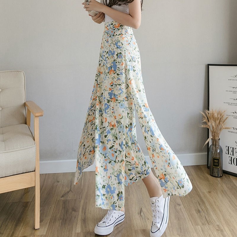 雪纺碎花阔腿裤女夏季薄款裤子202E4新款高腰垂感双层九分休闲裤