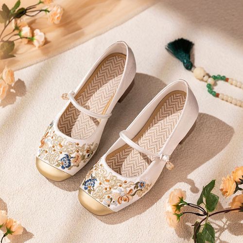 新中式女鞋春中高跟旗袍鞋子粗跟软底透气汉服鞋复古民族风绣花鞋