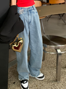 Xinlei Lin 蓝色牛仔裤女夏宽松显瘦毛边直筒R裤高腰阔腿裤老爹裤