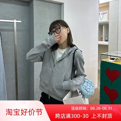 Our2灰色休闲连帽卫衣女春w季2024新款百搭修身短款拉链上衣外套