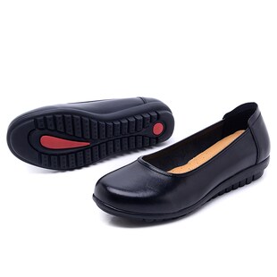 感叹号圆头真皮工作鞋女黑色平底鞋软底圆头皮鞋工鞋W职业浅口单