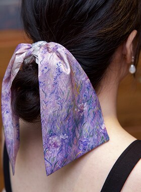 《紫黛渐染》飘带大肠发圈紫色碎花法式晕染印花皮筋发绳小众头饰