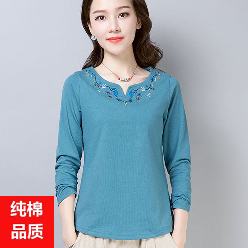 纯棉长袖bt恤女宽松2022春中老年妈妈洋气上衣大码广场舞遮肚小衫