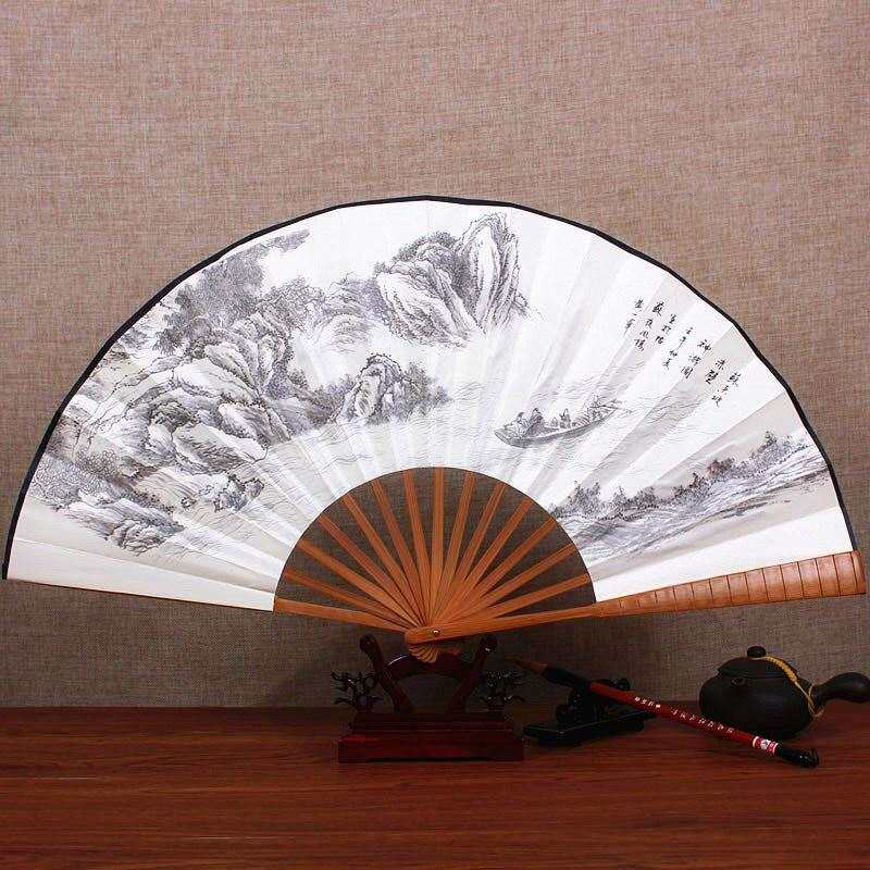 中国风10寸丝绸大绢扇子折扇雕刻手工艺礼品复古Y典男折叠扇竹