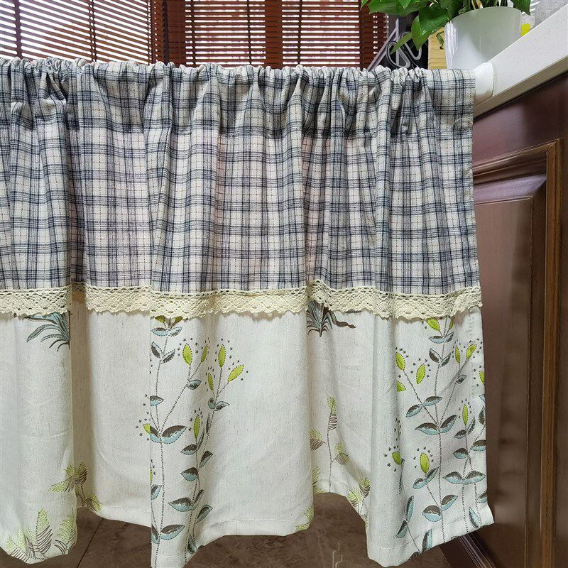美式田园北欧棉麻格子印花厨房卫生间门帘鞋柜短帘咖啡帘隔断半帘