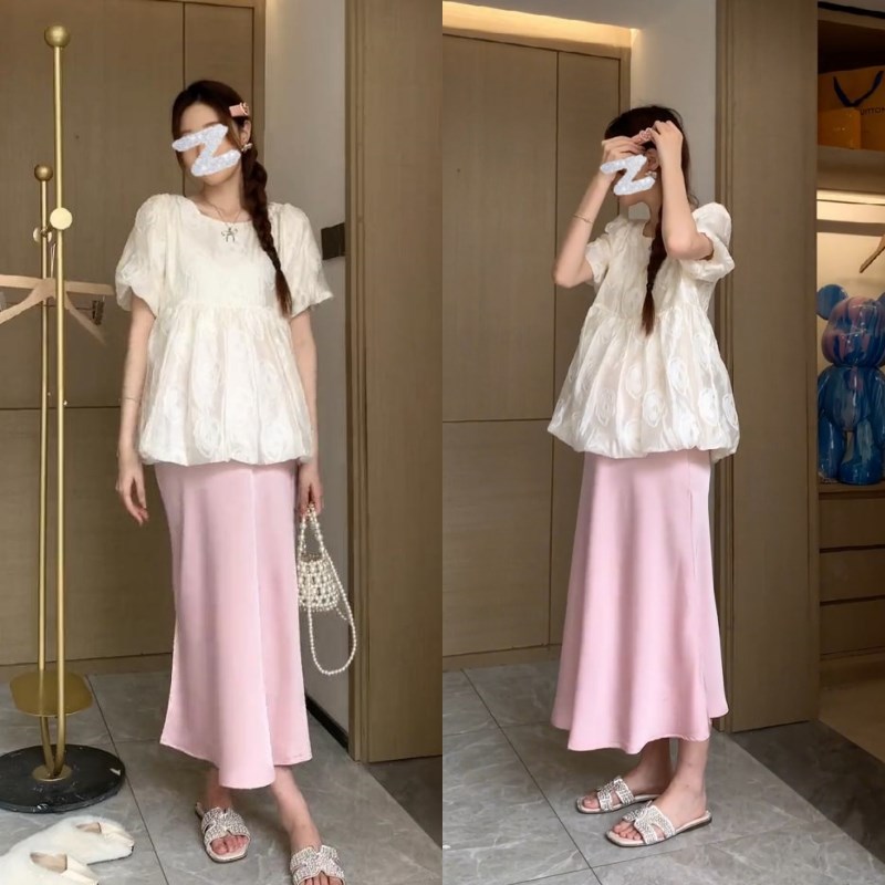 时尚孕妇装2024夏季新s款方领气质短袖上衣纯色开衩半身裙女两件