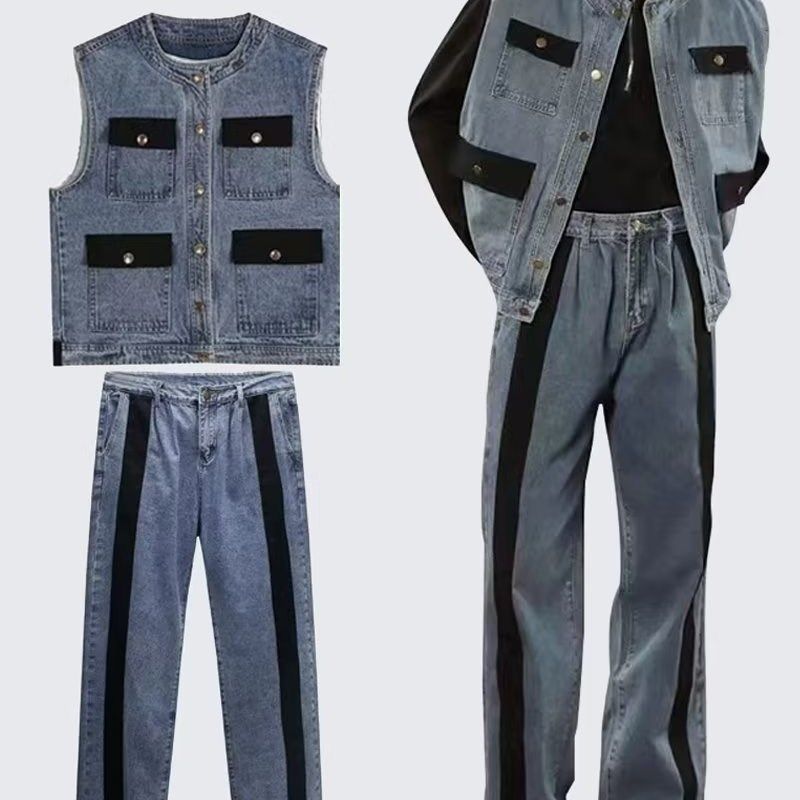 夏季美式复古马甲水洗牛仔裤套装街头破洞五分裤男女潮,男装,时尚套装,淘宝优惠券,粉丝福利购,淘宝优惠卷