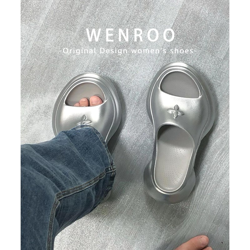 高级版!银色厚底十字花高跟拖鞋女外穿2025夏季新款超火运动凉拖