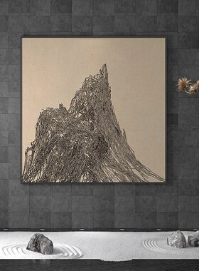 新中式装饰画客厅玄关壁画黄色线条侘寂风茶室方形小Y众风卧室挂