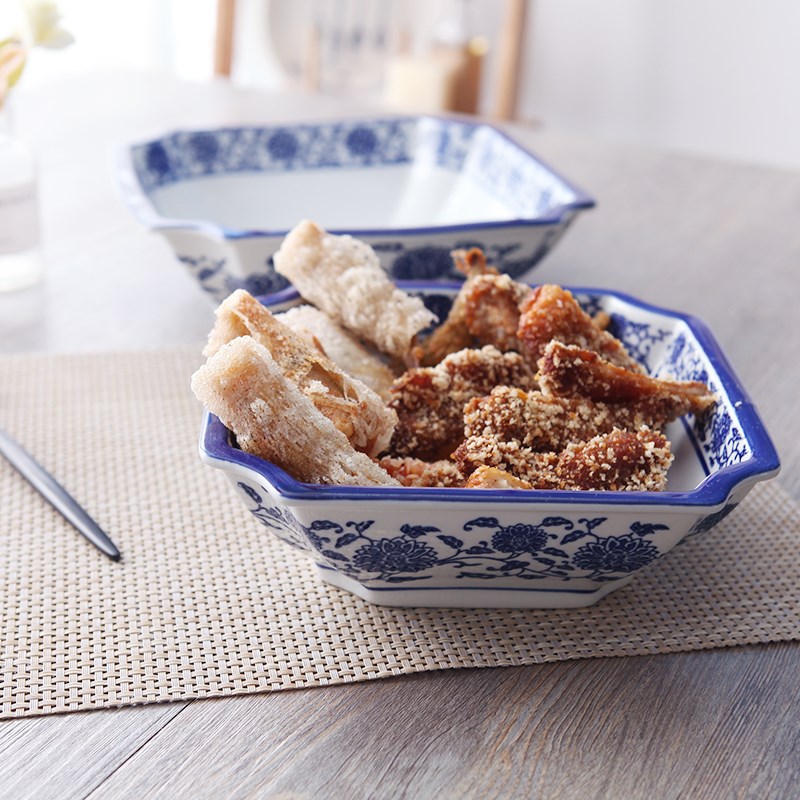 创意手绘青花方碗大米饭碗家用酒店饭店陶瓷餐具大号汤盆拉面碗