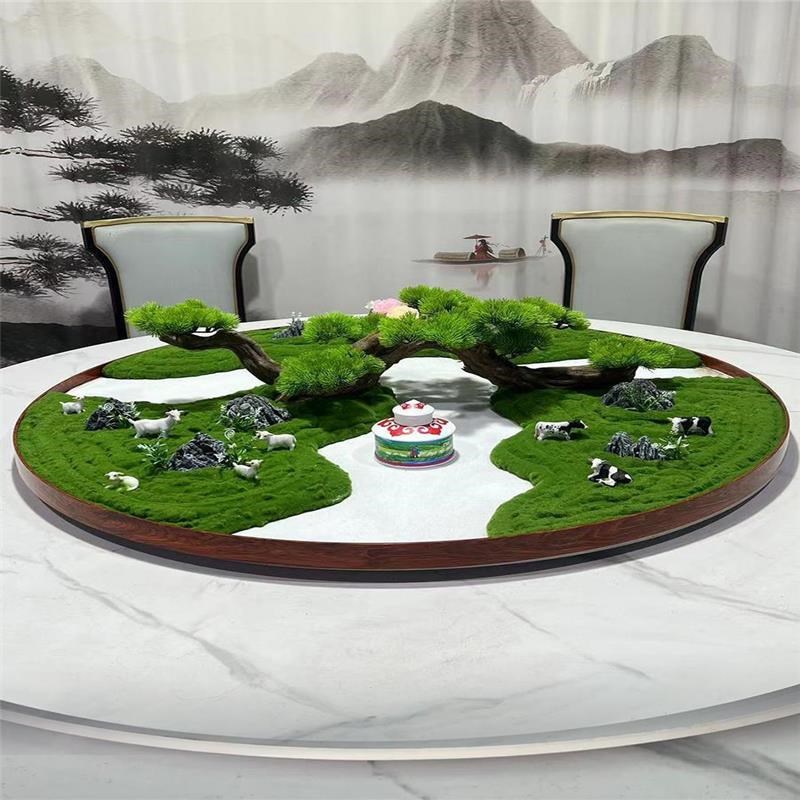 酒店餐桌转盘中间餐厅圆桌仿真花装饰创意草原微景观造景摆台
