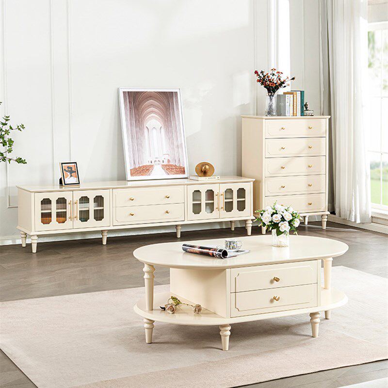 法式奶油风实木电视柜小户型客厅白色茶几电视柜家用复古地柜