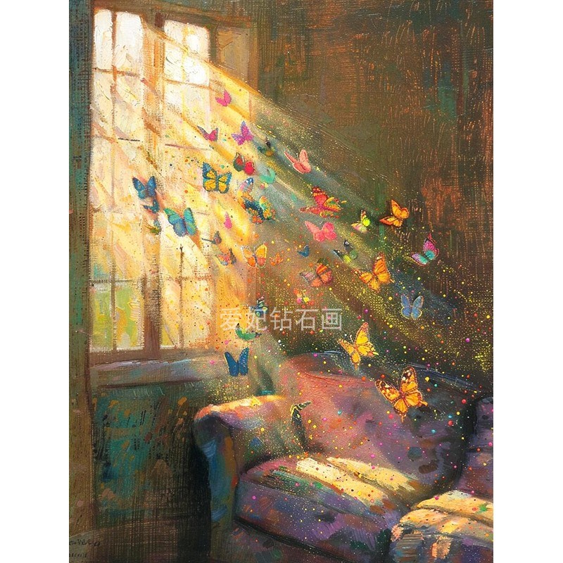 DIY方钻满钻钻石画钻石绣手工粘贴钻砖石画窗前沙发阳光蝴蝶飞舞