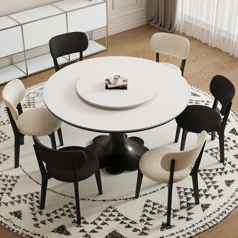 德利丰实木岩板餐桌家用小户型高端法式奶油中古风全托圆形圆桌子