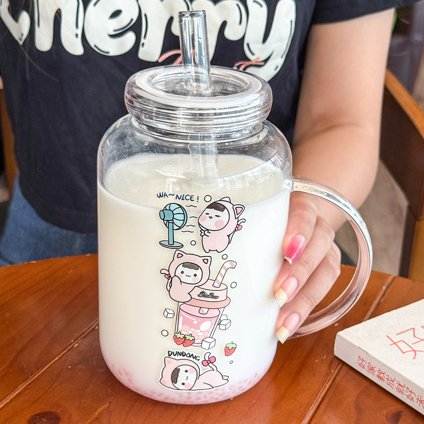 特粗吸管大奶茶杯耐高温玻璃杯带把手可喝粥水杯家用牛奶果汁杯子