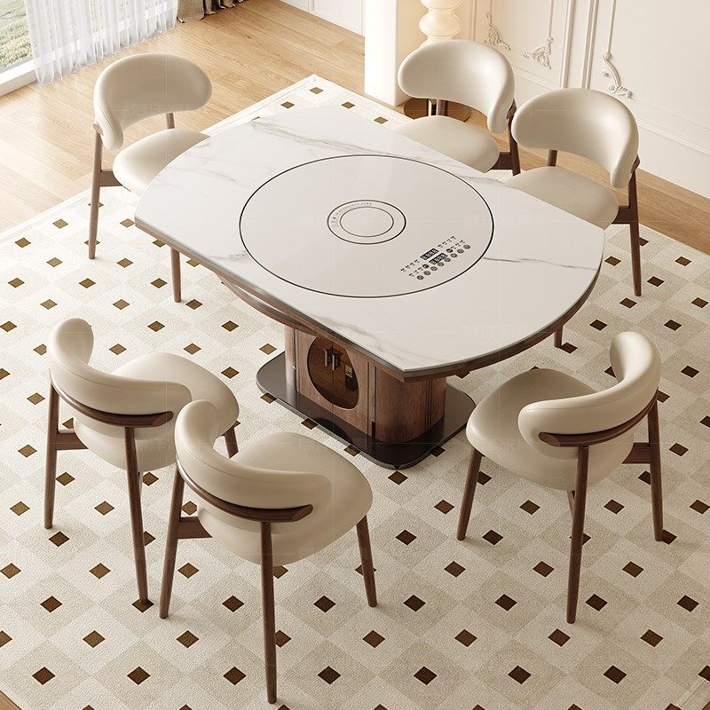 中古风实木岩板伸缩餐桌家用小户型电磁炉内嵌转盘方圆两用,住宅家具,岩板餐桌,淘宝优惠券,粉丝福利购,淘宝优惠卷