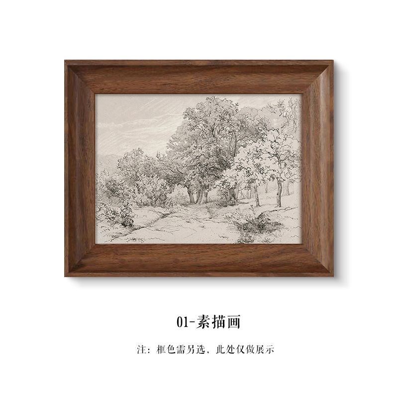 风景线素描装饰画线稿法式复古客厅挂画拉德中古餐厅玄关卧室壁画图片