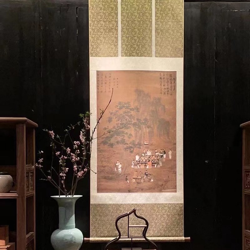 宋徽宗赵佶文会图   国画宣和裱茶画雅园聚会挂轴装裱檀木轴头