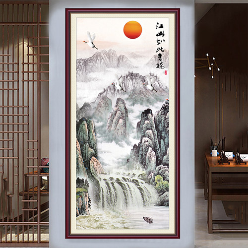 江山如此多娇自粘油画布山水国画墙纸风景壁画竖玄关装饰年画