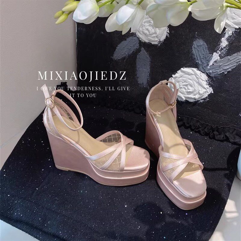 2025新款坡跟凉鞋真皮防水台小个子不累脚白色网纱配裙子舒适女鞋