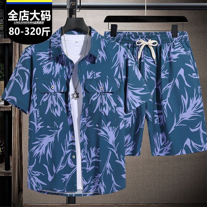 旅游套装2025男士短袖衬衫海边沙滩度假休闲大码短裤五分裤情侣装