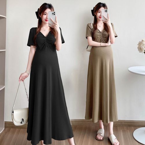 孕妇装夏装时尚短袖V领连衣裙2025新款夏季简约怀孕裙子夏孕妇裙